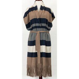 $4495 BRUNELLO CUCINELLI CASHMERE STRIPED BELTED VEST/CARDIGAN FRING BOTTOM